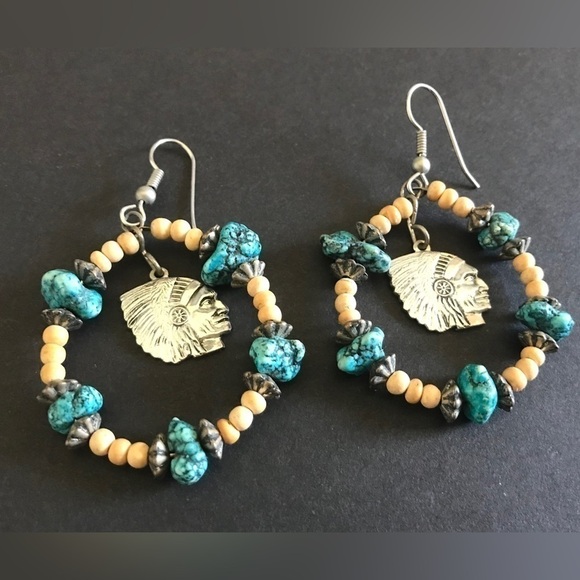 TURQUOISE Beaded Hoop Ethnic American Native Chief Boho Pendant Hoops Earrings - Picture 2 of 3